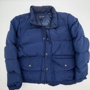 Lands End Mens Navy Blue Down Puffer Jacket Large 42-44 Quilted Full Zip Coat